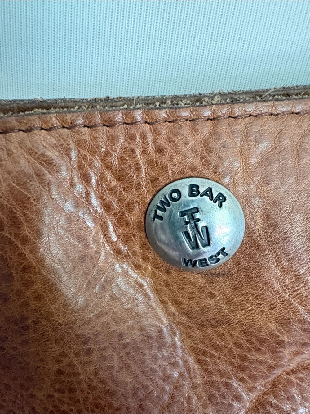 Two Bar West Brown Studded Fleur Tote with Tan Handles and hide sides